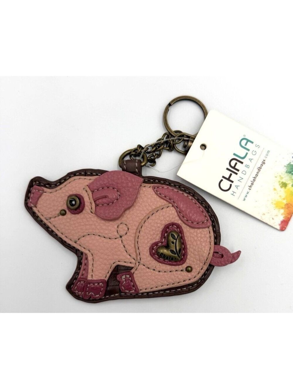 Chala Pal Pig Coin Purse Keychain Brown Faux Leather Whimsical Boho Small Wallet